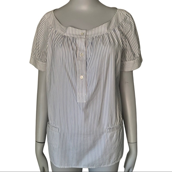 THEORY Poplin Blue & White Striped Scoop Neck Short Sleeve Blouse Size Small - Picture 3 of 16